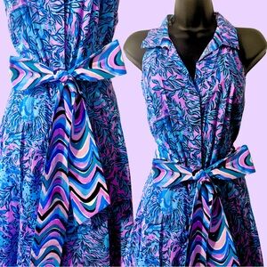 Lilly Pulitzer Chrisella stretch midi halter shirtdress with sash • Bermuda Blue